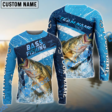 Bluejose Bass Fishing Dark Blue White Splash Custom Name & Team Name 3D Shirts