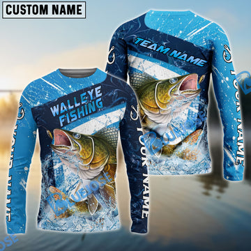 Bluejose Walleye Fishing Dark Blue White Splash Custom Name & Team Name 3D Shirts