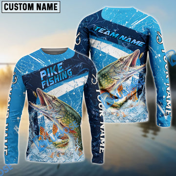 Bluejose Pike Fishing Dark Blue White Splash Custom Name & Team Name 3D Shirts