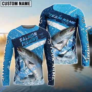 Bluejose Salmon Fishing Dark Blue White Splash Custom Name & Team Name 3D Shirts