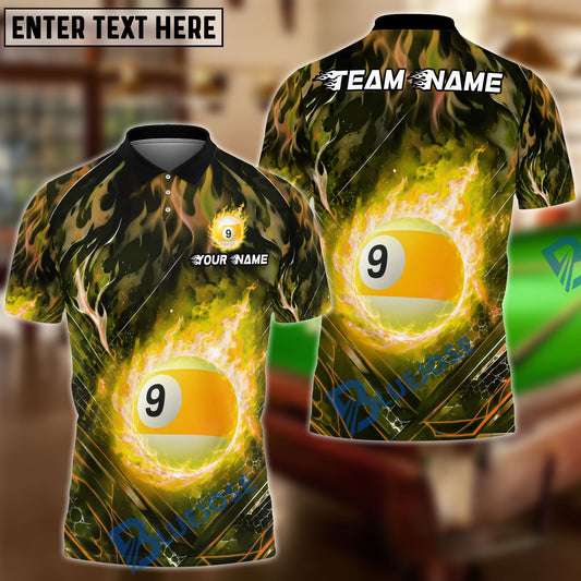 BlueJose Billiards 9-Ball Fiery Inferno Personalized Name, Team Name Unisex Shirt (6 Colors)
