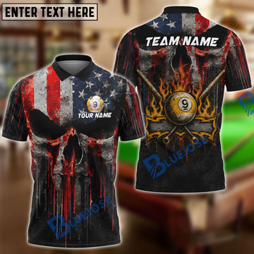 BlueJose Billiards Melt Grunge American Flag Skull 9 Ball Flames Design Personalized Shirt