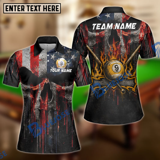 BlueJose Billiards Melt Grunge American Flag Skull 9 Ball Flames Design Personalized Shirt