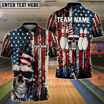 BlueJose Bowling And Pins Skull American Flag Patriotic Personalized Name, Team Name Unisex Shirt