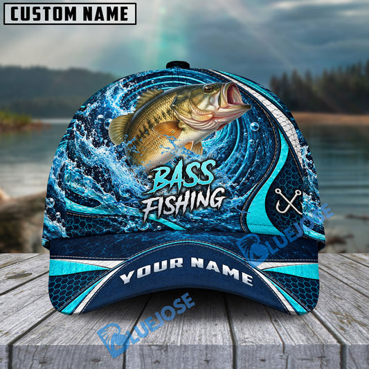 BlueJose Fishing Water Ripple Splash Swirl Blue Fish Hooks Personalized Cap (13 Breeds)