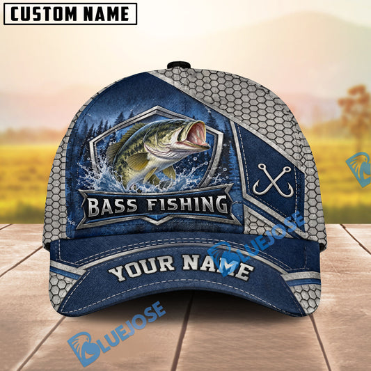 BlueJose Fishing Silver Metal Frame Honeycomb Grid Navy Blue Water Splash Fish Hooks Personalized Cap (13 Breeds)