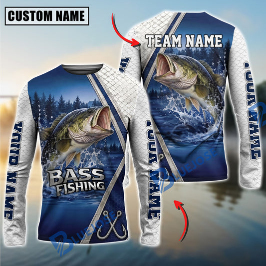 BlueJose Fishing Pine Forest Night Reflection White Fish Scale Texture Blue Panels Custom Name & Team Name 3D Shirts (12 Breeds)