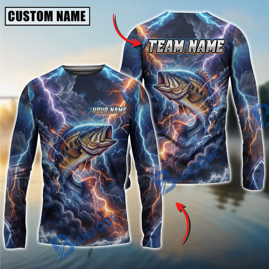 BlueJose Fishing Blue Black Thunder Lightning Storm Bass Design Custom Name & Team Name 3D Shirts (12 Breeds)