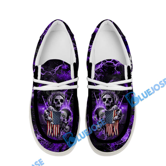 BlueJose Billiards Ball 8 Fire Skull US Flag Purple White Canvas Loafer Shoes