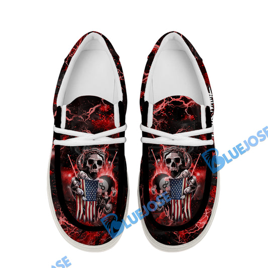 BlueJose Billiards Ball 8 Fire Skull US Flag Red White Canvas Loafer Shoes