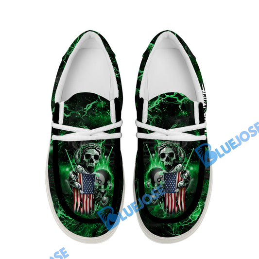 BlueJose Billiards Ball 8 Fire Skull US Flag Green White Canvas Loafer Shoes