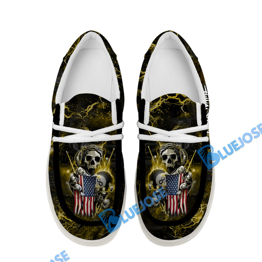 BlueJose Billiards Ball 8 Fire Skull US Flag Yellow White Canvas Loafer Shoes