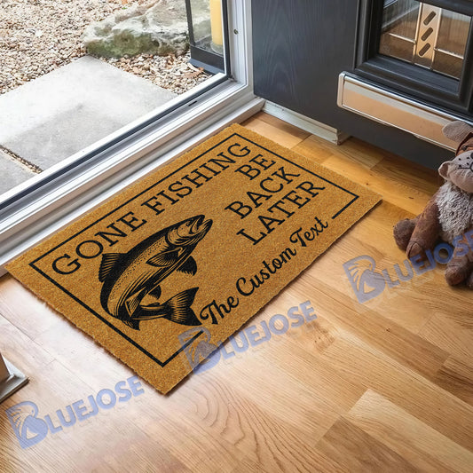 BlueJose Gone Fishing Be Back Later Salmon Fishing Custom Name Coir Doormat