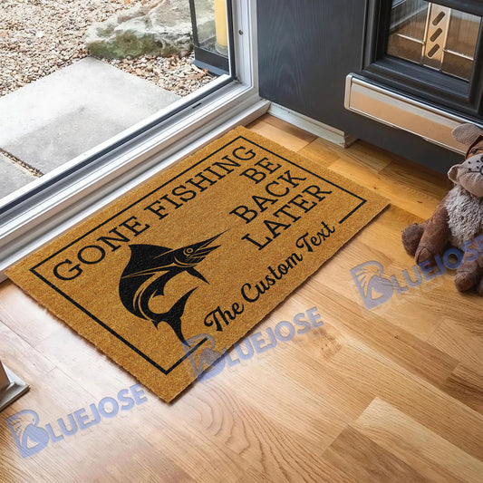 BlueJose Gone Fishing Be Back Later Marlin Fishing Custom Name Coir Doormat