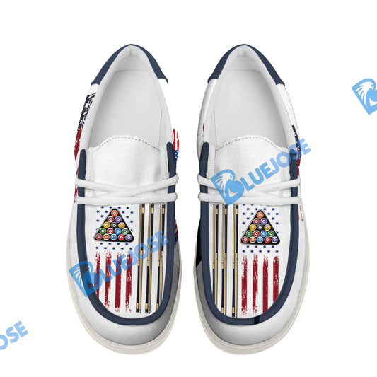 BlueJose Billiards Ball 8 US Flag Champion Pattern White Canvas Loafer Shoes