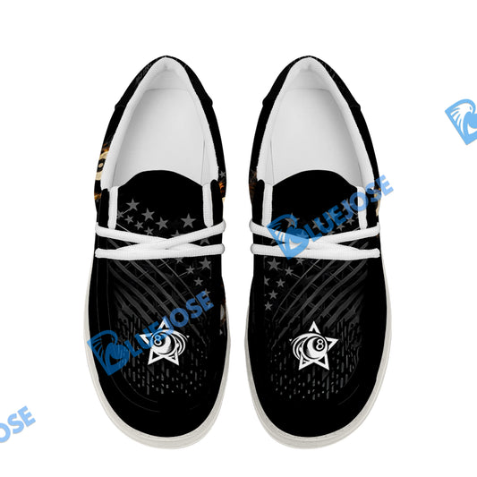 BlueJose Billiards Ball 8 Fire Black US Flag White Canvas Loafer Shoes