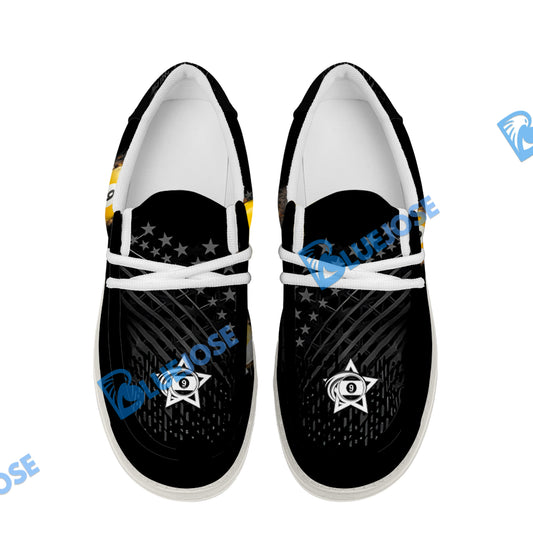 BlueJose Billiards Ball 9 Fire Black US Flag White Canvas Loafer Shoes