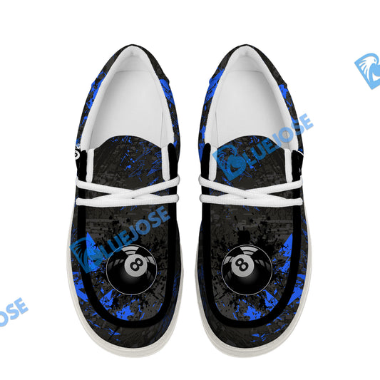 BlueJose Billiards 8 Ball Black Stains Grunge Blue White Canvas Loafer Shoes