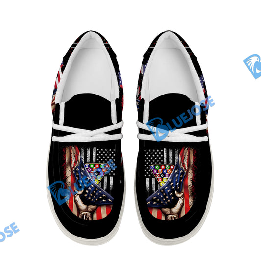 BlueJose Billiards American Flag 8 Ball Player White Canvas Loafer Shoes