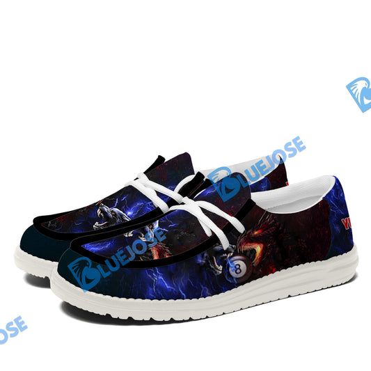 BlueJose Billiard Ball 8 Dragon And Wolf White Canvas Loafer Shoes