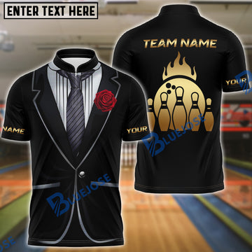 BlueJose Bowling And Pins Tuxedo Rose Customized Name, Team Name 3D Shirt