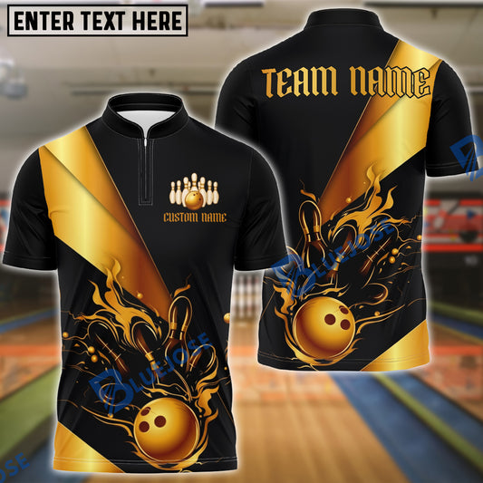BlueJose Bowling And Pins Gold Luxury Flame Art Customized Name, Team Name 3D Shirt (6 Colors)