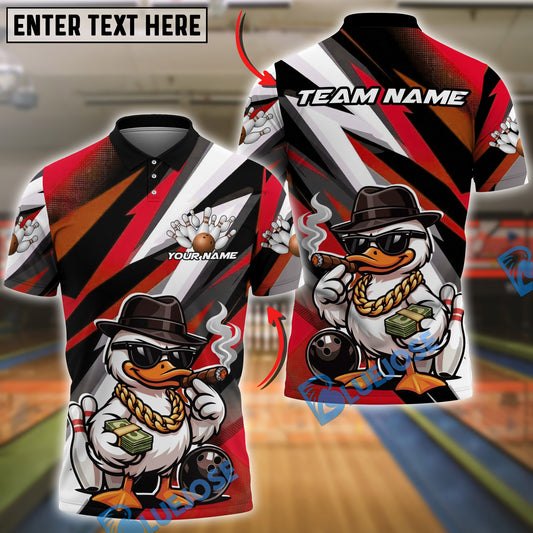 BlueJose Bowling And Pins Gangster Duck Money Cigar Funny Cartoon Design Customized Name, Team Name 3D Shirt (4 Colors)