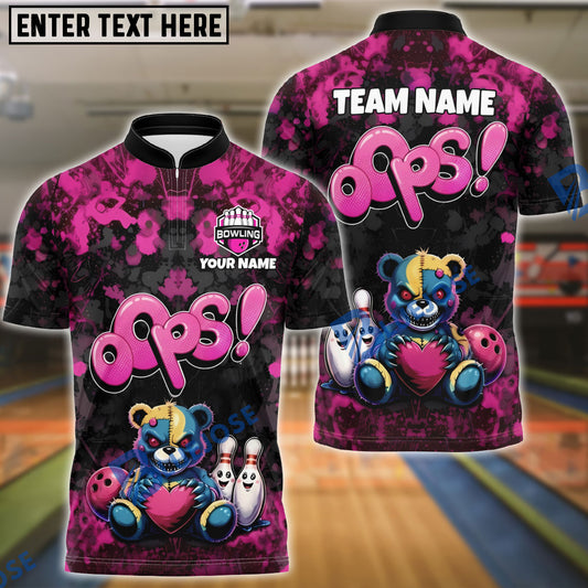 BlueJose Bowling & Pins Oops Teddy Bear Cartoon Customized Name, Team Name 3D Shirt (4 Colors)