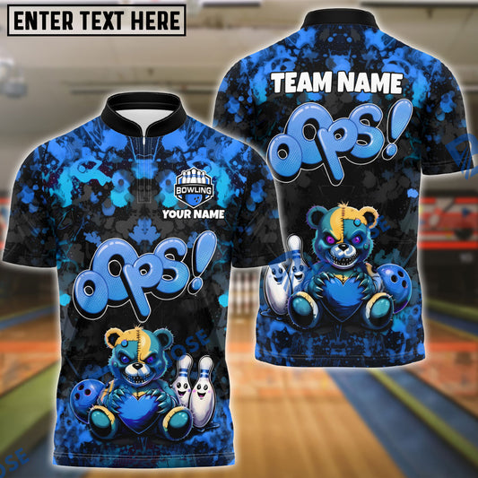 BlueJose Bowling & Pins Oops Teddy Bear Cartoon Customized Name, Team Name 3D Shirt (4 Colors)