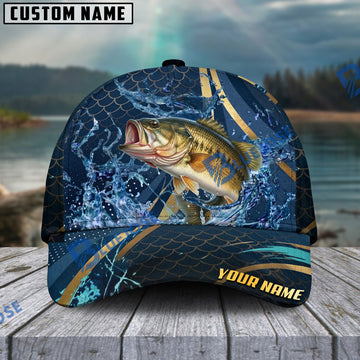 BlueJose Fishing Luxury Gold Stripe Water Splash Design Personalized Name Classic 3D Cap Personalized Cap (13 Breeds)