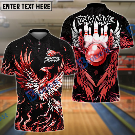 BlueJose Bowling And Pins Fire Phoenix Wings Customized Name, Team Name 3D Shirt (4 Colors)