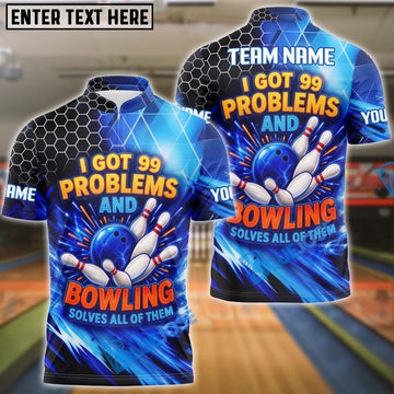 BlueJose Bowling Neon Hexagon Funny 99 Problems Quote Customized Name, Team Name 3D Shirt (4 Colors)