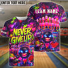 BlueJose Bowling And Pins Neon Bowling Ball Never Give Up Graffiti Style Customized Name, Team Name 3D Shirt (4 Colors)