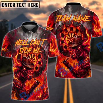 BlueJose Darts Hell Can't Stop Me Flaming Bull Dartboard Personalized Name, Team Name Unisex Shirt (4 Colors)