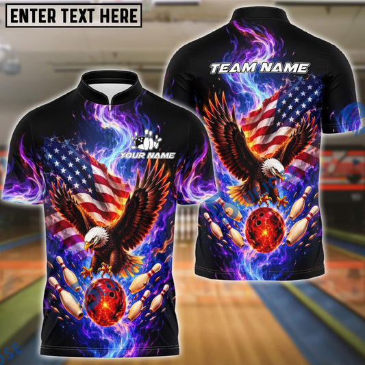 BlueJose Bowling Eagle American Flag Purple Smoke Explosion Customized Name, Team Name 3D Shirt
