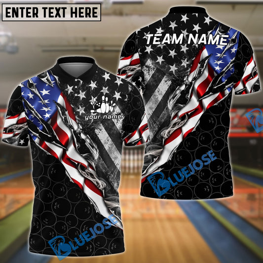 BlueJose Bowling American Flag Torn Metal Pattern Customized Name, Team Name 3D Shirt