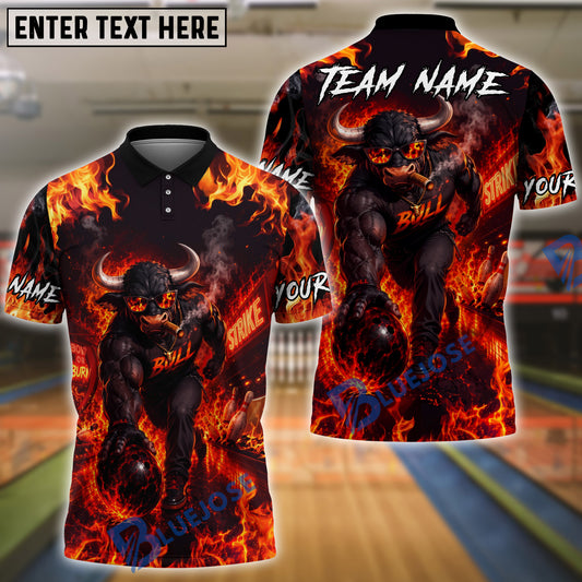 BlueJose Bowling Fire Smoking Bull Bowler Art Graphic Customized Name, Team Name 3D Shirt (4 Colors)