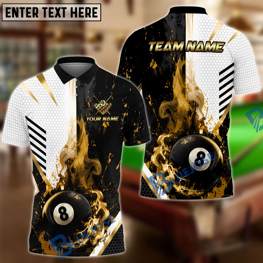 BlueJose Billiards Flaming 8 Ball Black Gold Geometric Personalized Name Shirt (6 Colors)