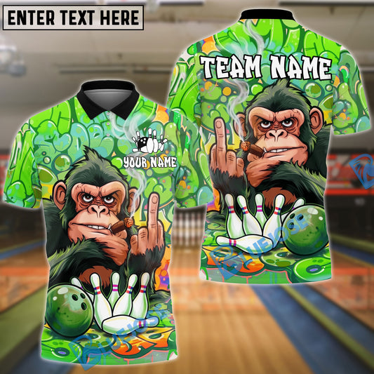 BlueJose Bowling & Pins Cool Chimp Monkey Smoking Cigar Graffiti Art Customized Name, Team Name 3D Shirt (4 Colors)