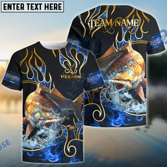 Bluejose Redfish Fishing Flame Dark Blue Luxury Pattern Custom Name & Team Name 3D Shirts