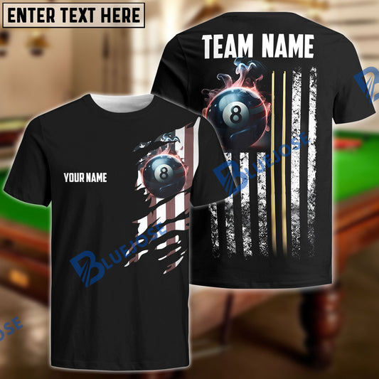 BlueJose Billiards Ball 8 with USA Flag Stripes Black Customized Name, Team Name 3D Shirt