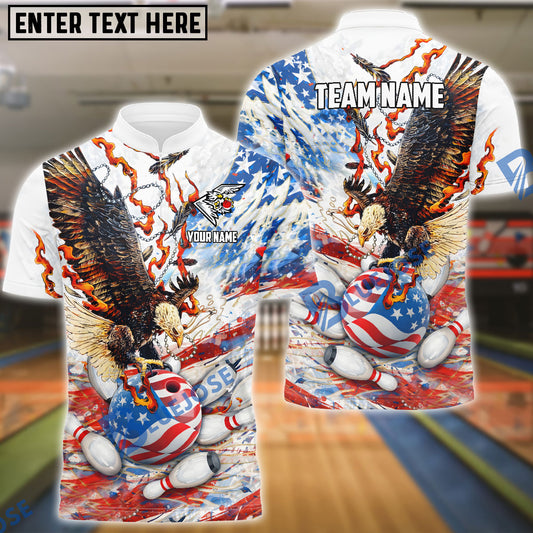 BlueJose Bowling Eagle USA Flag Bowling Ball & Pins Flame Personalized Name, Team Name 3D Shirt