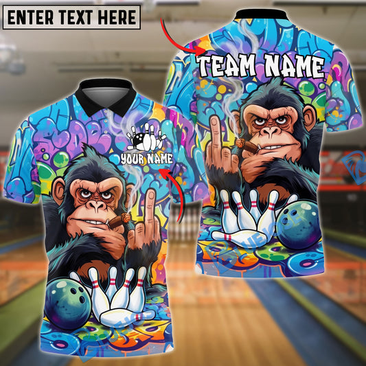 BlueJose Bowling & Pins Cool Chimp Monkey Smoking Cigar Graffiti Art Customized Name, Team Name 3D Shirt (4 Colors)