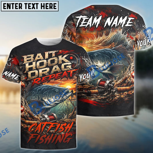 Bluejose Catfish Fishing Bait Hook Drag Repeat Custom Name & Team Name 3D Shirts