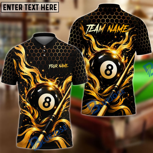 BlueJose Billiards 8 Ball Flame Honeycomb Cue Graphic Personalized Name, Team Name Unisex Shirt (6 Colors)