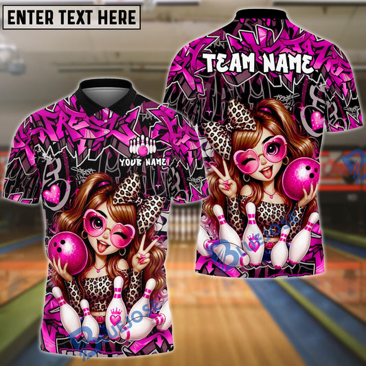 BlueJose Bowling And Pins Cute Leopard Girl Strike Graffiti Style Customized Name, Team Name 3D Shirt (6 Colors)
