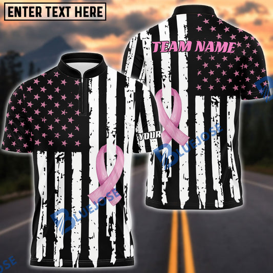 BlueJose Breast Cancer Awareness Black White Pink Ribbon American Flag Personalized Shirt