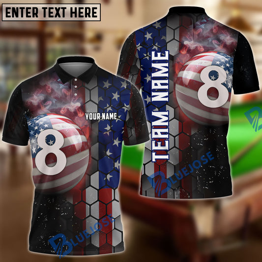BlueJose Billiards Billiard 8-Ball Pool American Flag Personalized Name, Team Name Unisex Shirt