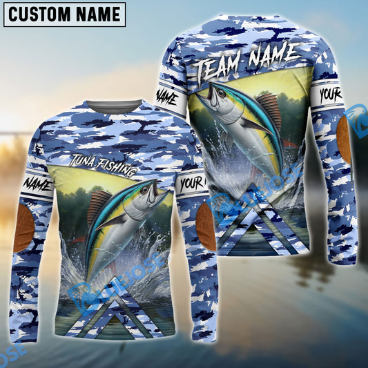 BlueJose Customize Name Tuna Fishing Elbow Patch Pattern 3D Shirts