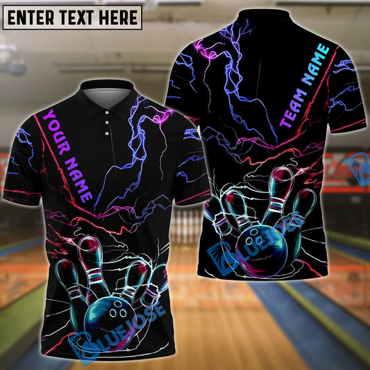 BlueJose Bowling & Pins Neon Thunder Lightning Customized Name, Team Name 3D Shirt (4 Colors)